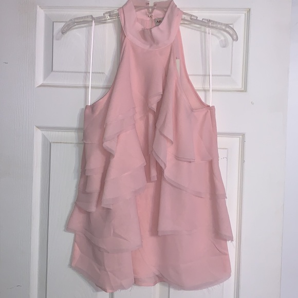 Soft Pink Mock Neck Ruffled Frayed Edging Sleeveless Top - Picture 6 of 14